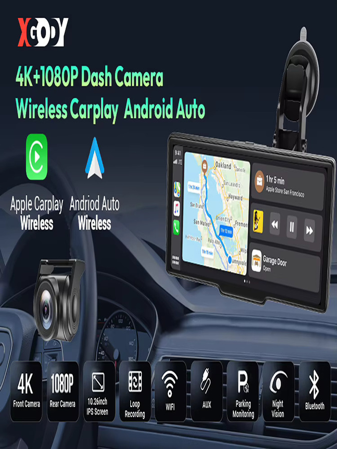 ESSGOO Kabellose Dashcam mit 10,26 Zoll HD Touchscreen, 4K UHD Dual-Objektiv Videorekorder mit Apple CarPlay, Android Auto, WiFi, Bluetooth und Sprachsteuerung, Schwarz - Bild 7