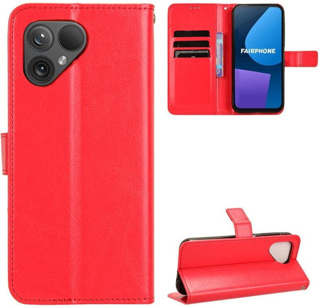 YULIN Leder Klapphülle für Fairphone 6 und Fairphone 5 in Rot mit Magnetischer Geldbörse und Kartenfach sowie Ständerfunktion - Bild 1