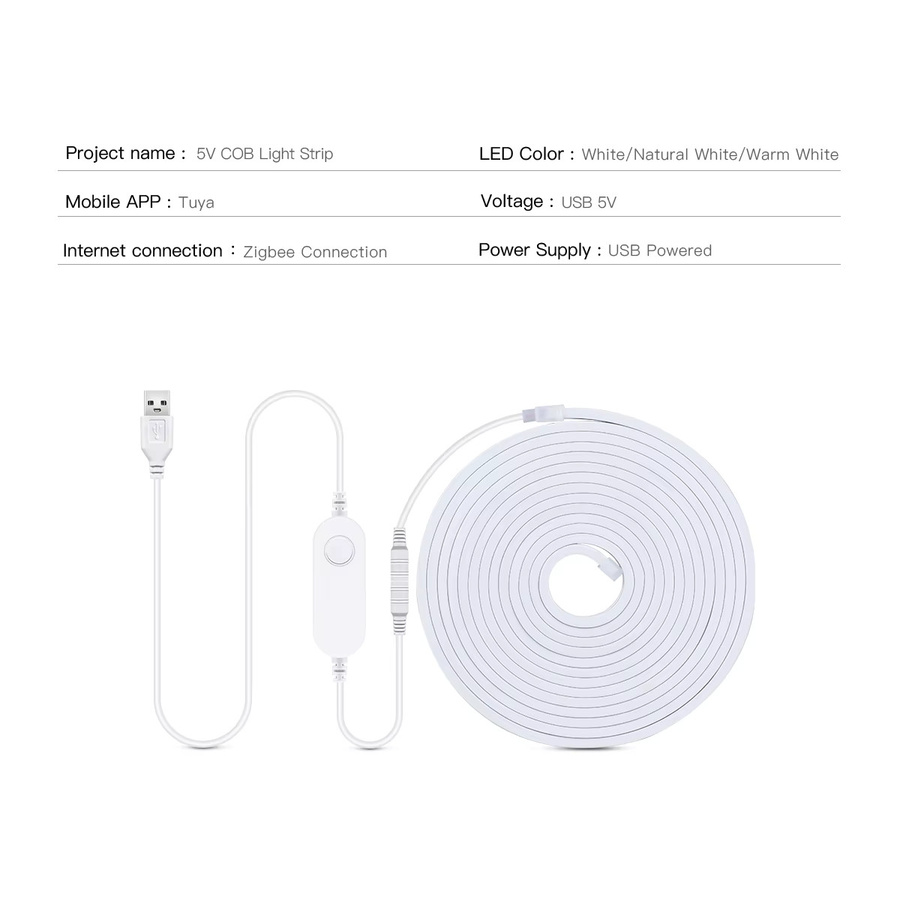 Rybakov Smart COB LED Streifen mit Dimmer Controller, ZigBee & WiFi kompatibel mit Tuya und Alexa, USB 5V, dimmbar, Weiß - Bild 2