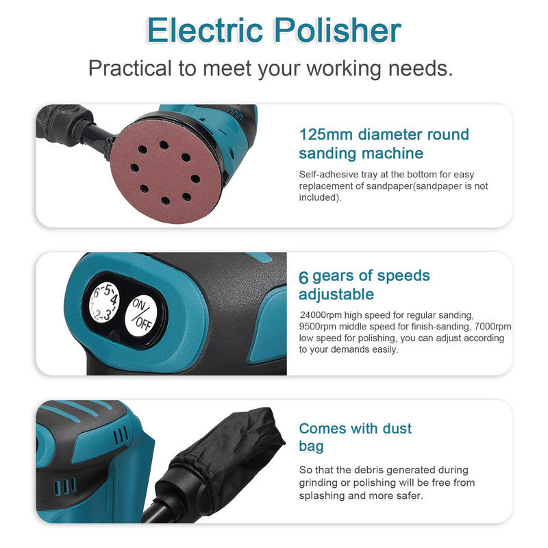 Aimo kabelloser Exzenterschleifer mit bürstenlosem Motor, multifunktionaler elektrischer Autopolierer und Holzschleifer, Blau, Durchmesser: 125 mm - Bild 4