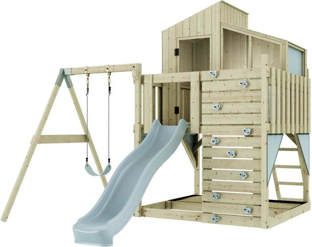 PolarPlay Spielturm Lotta aus Holz mit Rutsche und Schaukel in Eisblau - Bild 1