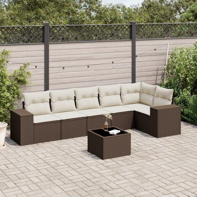 vidaXL 7-tlg. Garten-Sofagarnitur in L-Form aus Polyrattan mit Kissen in Braun - Bild 3