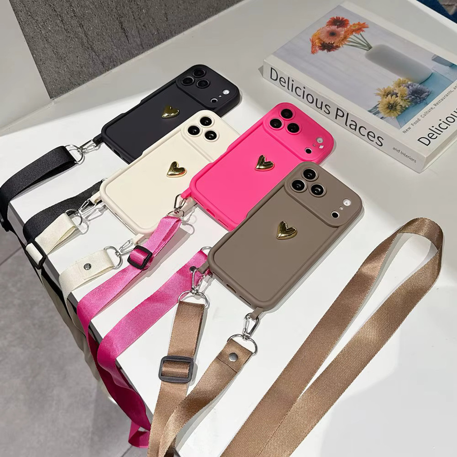 NUOCDE Handyhülle mit 3D Goldenem Herz und Umhängeband sowie Halskette für iPhone 11 bis iPhone 17 Pro Max in Gold und Weiß - Bild 2