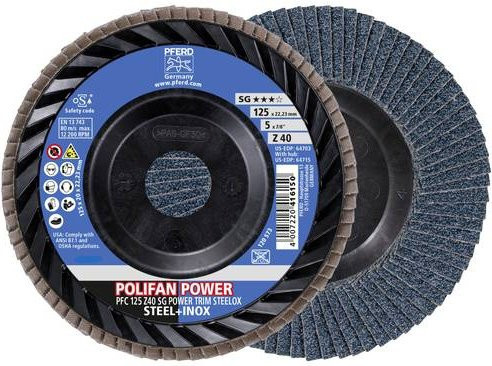 PFERD POLIFAN POWER Fächerschleifscheibe PFC konisch für Stahl und Edelstahl, Körnung 40, Durchmesser: 125 mm, Bohrung: 22,23 mm, Farbe: Blau - Bild 1