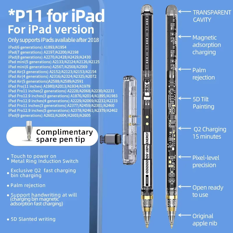 Basix Transparenter Stylus-Stift für iPad Pro mit Schnellladefunktion und Handballenerkennung, kompatibel mit Apple Pencil Modellen 2018-2024 - Bild 3