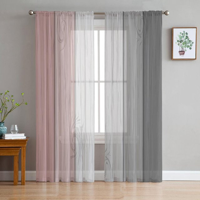 Transparente Tüll Voile Vorhänge in Rosa und Grau mit Holzmaserung-Optik von Household supplies MH, Breite: 135 cm, Höhe: 137 cm - Bild 1