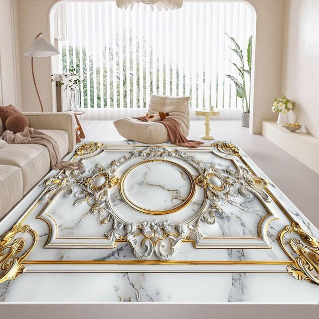 Luxuriöser Teppich von JGJG in Gold und Weiß, rutschfest und waschbar, Steinoptik, B/T: 60 x 90 cm - Bild 1