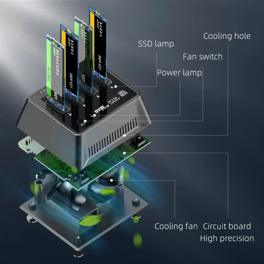 MAIWO 4-Bay M.2 NVMe SATA SSD-Gehäuse in Schwarz mit 10Gbps USB 3.2 Gen2 USB-C Dockingstation für M-Key und B+M-Key SSD-Adapter - Bild 5