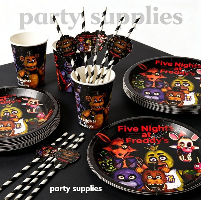 Five Nights at Freddy's Geburtstagsparty-Dekoration, Teller, Becher, Strohhalm, Tischdecke, Einweggeschirr, Banner - Bild 1