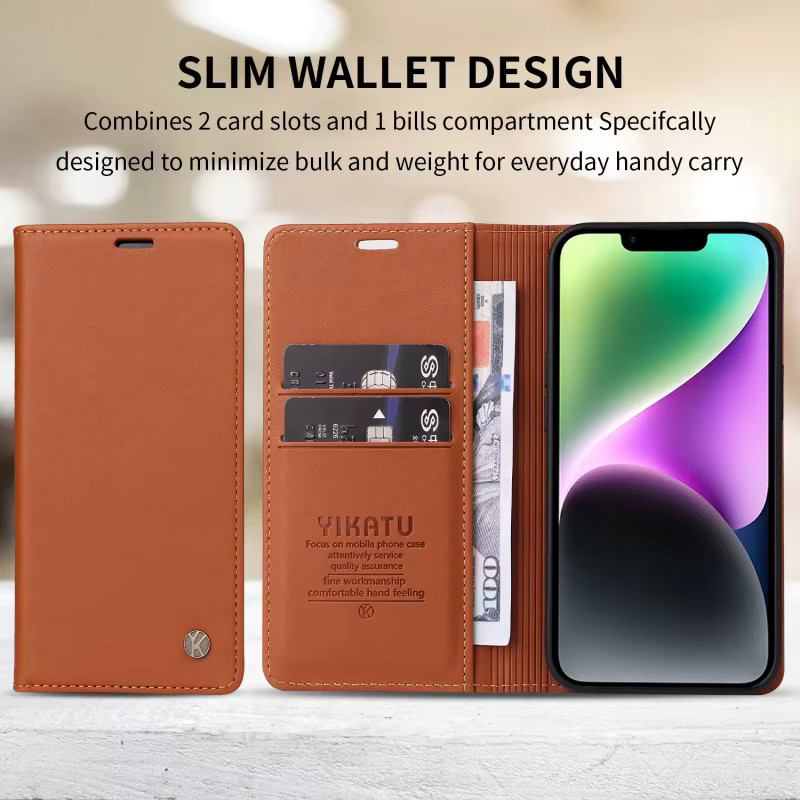 YIKATU Magnetische Leder-Brieftaschenhülle in Braun für iPhone 11 bis iPhone 17 Air mit Anti-Diebstahl-Bürstenfunktion - Bild 5