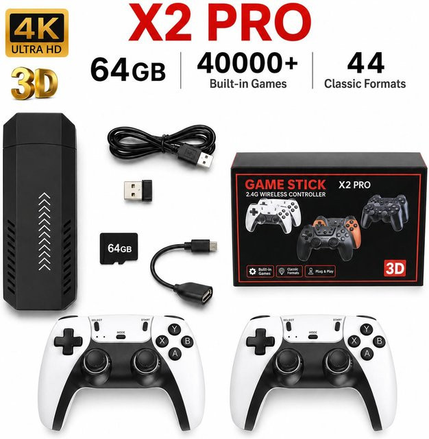 X2 Pro Game Stick mit 50.000 Retro-Spielen und 44/45 Emulatoren, Schwarz, inklusive kabelloser Controller für 2/4 Spieler - Bild 1