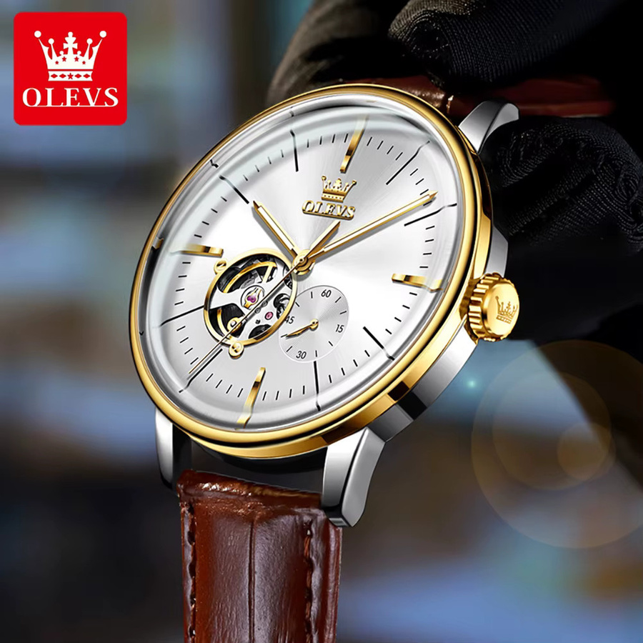 OLEVS Armbanduhr, Automatik, Edelstahl, Gold, Leder, Herren - Bild 2