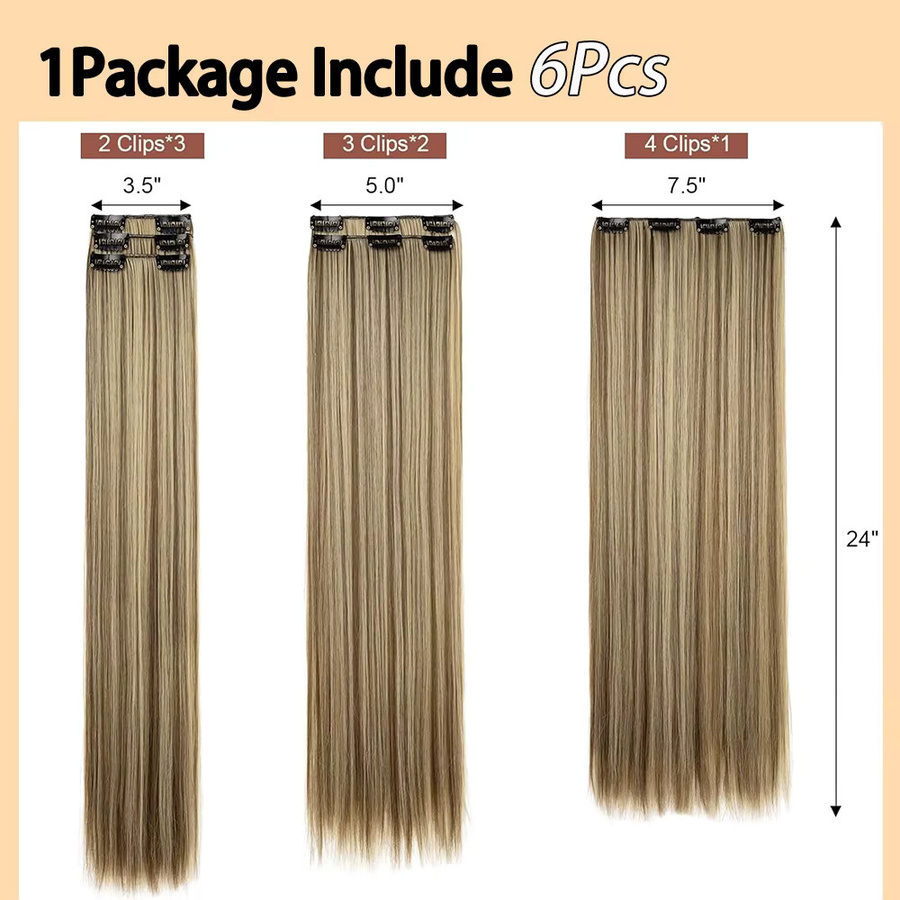 DinDong Clip-in-Haarverlängerungen, 24 Zoll, 6 Stück, synthetisch, gerade, Damen - Bild 4