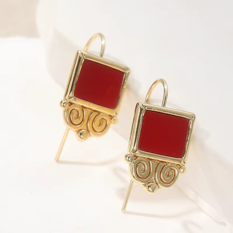 YoYo Anhänger-Ohrringe, Roter Achat, Gold, Damen, Vintage - Bild 2