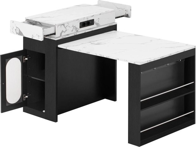 okwish Kücheninsel mit ausziehbarem Esstisch in Schwarz mit Rollen, Steckdosen und Haken, B/T/H: 83 x 46 x 96 cm bis 146 x 96 cm - Bild 1