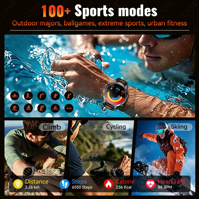 LIGE Smartwatch, Herren, Schwarz, Silikon, Wasserdicht - Bild 3