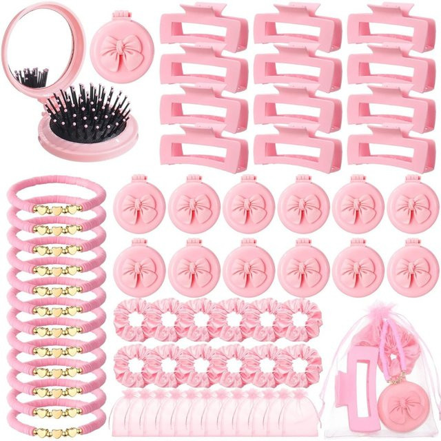 Rosa Coquette Schleifen-Set mit Faltspiegel, Bürste, Scrunchies, Armbänder, Haarspangen, Damen - Bild 1