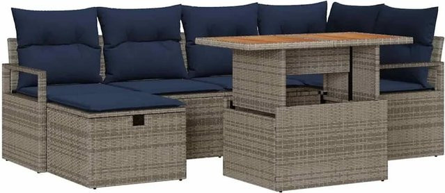vidaXL Gartensofa-Set aus Poly-Rattan in Grau, 7-teiliges L-Shape Lounge-Set mit Kissen, Ottoman und Couchtisch für Garten, Terrasse oder Balkon - Bild 1