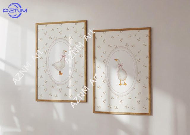 Potdemiel Vintage Wandkunst Gänse und Enten mit floralem Muster und rosa Schleife in Pink und Multicolour für das Kinderzimmer - Bild 1