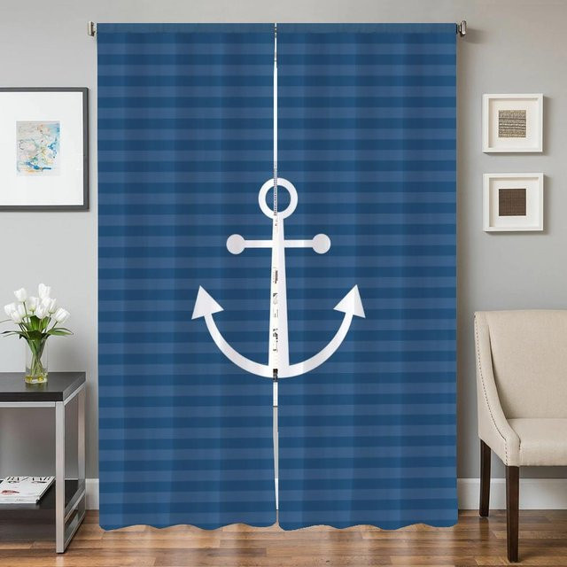 2er-Set Anker Verdunkelungsvorhänge in Blau mit nautischem Design für Wohnzimmer und Schlafzimmer, Breite: 50 cm, Höhe: 70 cm - Bild 1