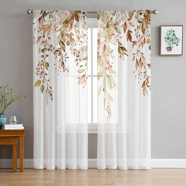 Yiran Furniture Voile Vorhang mit Blättermuster für Wohnzimmer und Schlafzimmer, Weiß, B: 135 cm, H: 185 cm - Bild 1