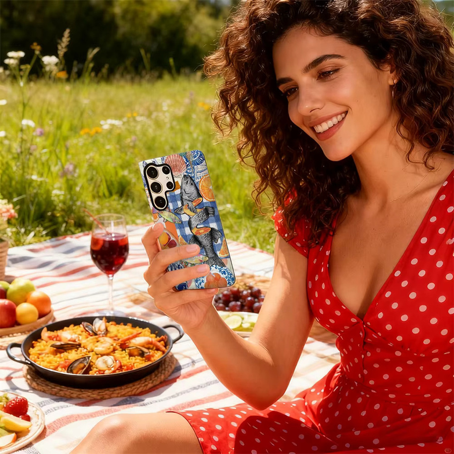 Stoßfeste doppellagige Handyhülle mit Fisch- und Orange-Collage für Samsung Galaxy S25 Ultra, S24 und S23 Ultra Plus in Multicolor - Bild 6