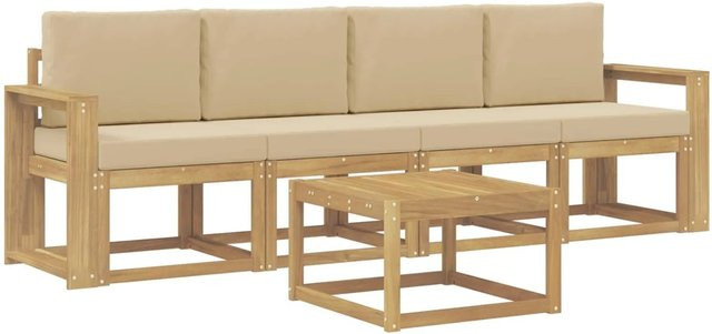 vidaXL Outdoor-Sofagarnitur aus Akazienholz mit 3-Sitzer-Sofa, Couchtisch und Kissen in Weiß und Beige - Bild 1