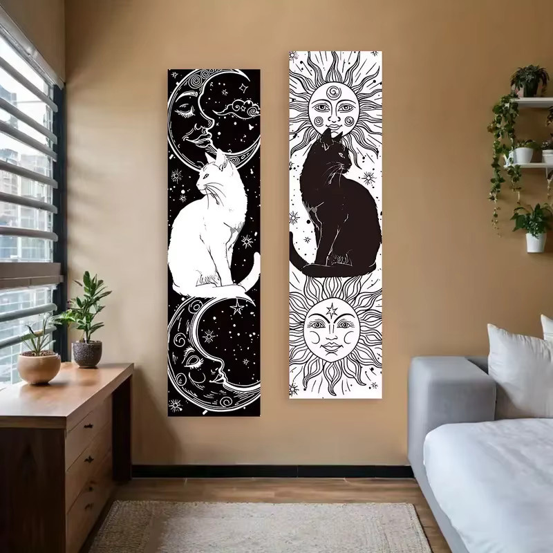 VIKAMA Kunst-Wandteppich mit Katzen- und Himmelsmotiven in Schwarz-Weiß, Boho-Stil Wandbehang mit Tiermotiven, Breite: 150 cm, Höhe: 40 cm - Bild 2
