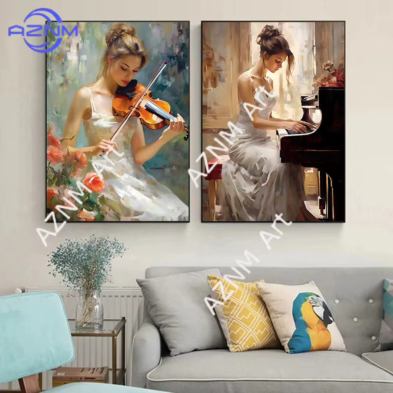 Vintage Ölgemälde Leinwanddruck Musik-Kunst mit Klavier und Violine in Mehrfarbig für deine Wanddekoration - Bild 2