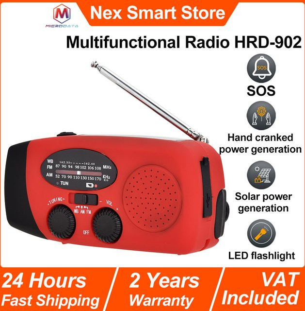 Multifunktionales Notfallradio in Rot mit Handkurbelgenerator, Solarfunktion, AM/MW/FM-Empfang und LED-Taschenlampe - Bild 1