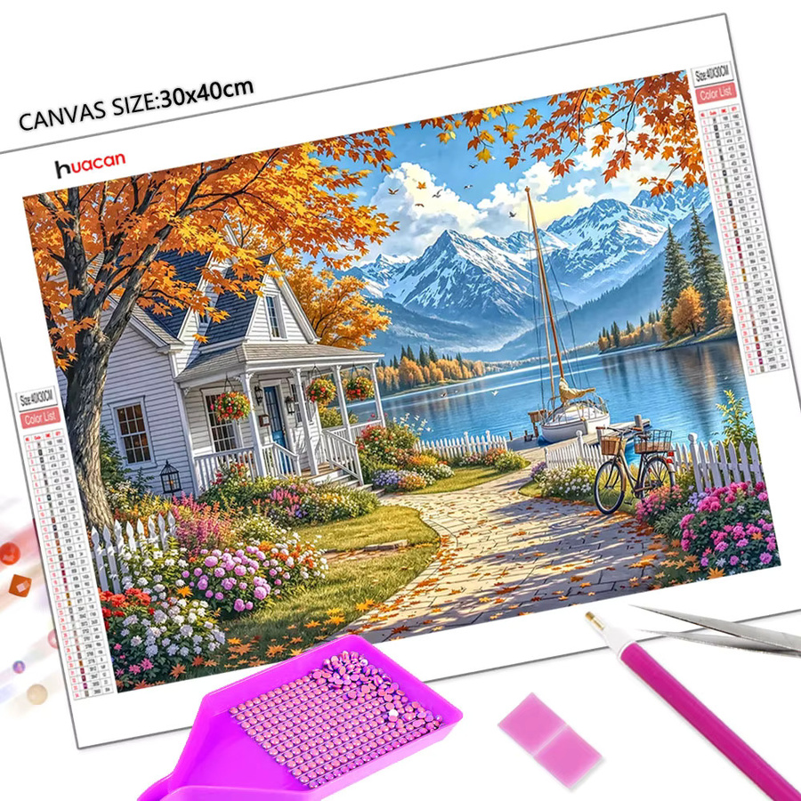 Huacan Diamant-Mosaik Wandbild Landschaft mit Landhaus in Herbstfarben, quadratisch, mehrfarbig, B/H: 30,0 x 20,0 cm - Bild 3