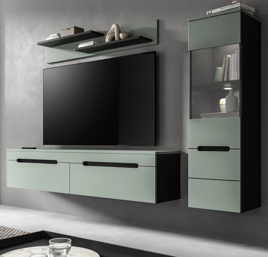 Inn.Furn Wohnwand Cooper in Salbei und Grau mit Vitrine und Lowboard, Breite: 221 cm - Bild 1