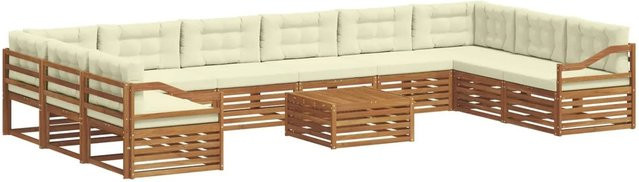 vidaXL Sofagarnitur 11-teilig aus Massivholz Akazie in Natur und Creme mit Latten-Design und Polsterkissen in U-Form - Bild 1