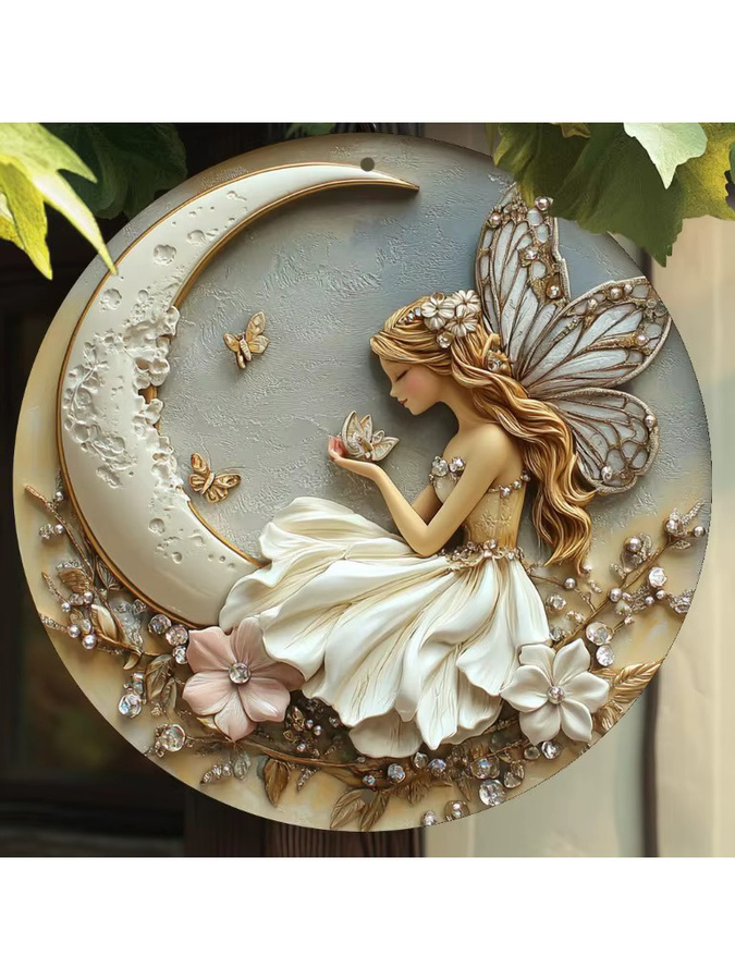 Rundes Wandkunstschild aus Metall von Potdemiel im Vintage-Design mit Fee und Mond, Mehrfarbig, Durchmesser: 20 cm - Bild 6