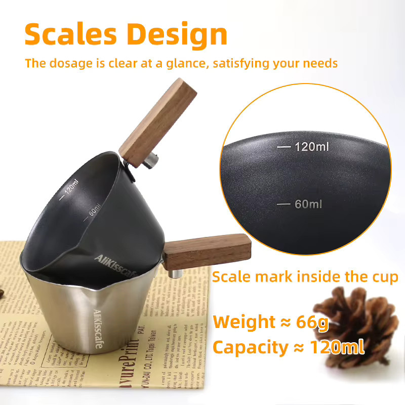 ALIKISSCAFE Espresso-Messbecher aus Edelstahl mit Holzgriff und Skala, 120 ml - Bild 2