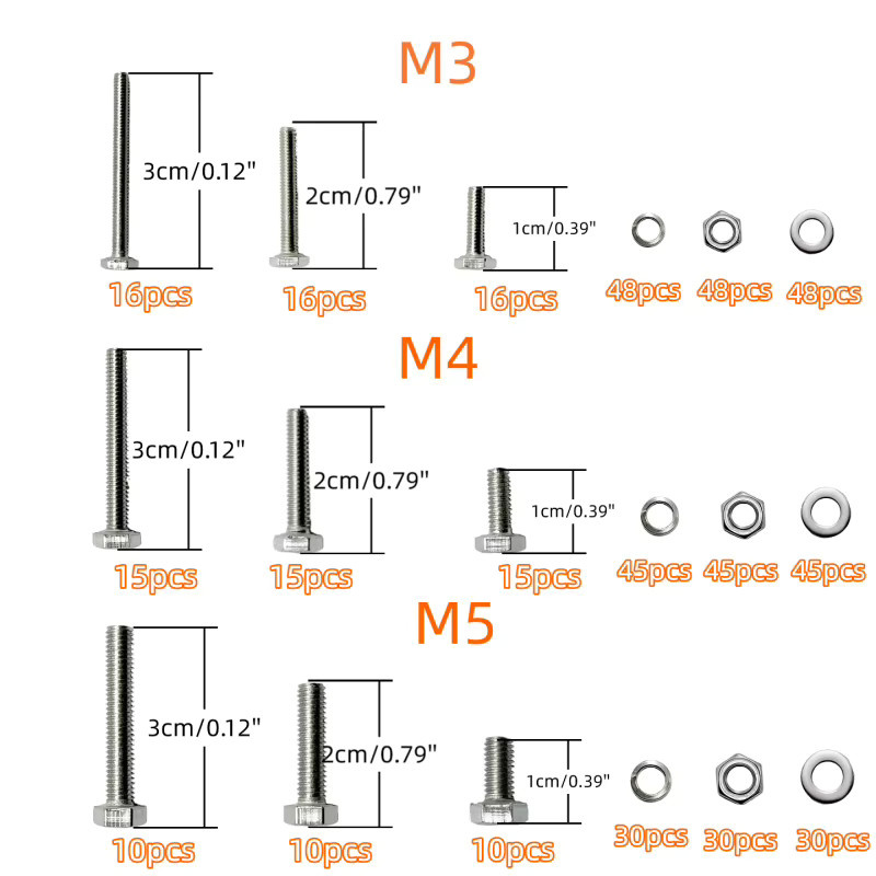 UULMERA Edelstahl-Sechskantschrauben-Set in Silber mit Muttern, Federscheiben und Flachscheiben, 492 Stück (M3, M4, M5) - Bild 2