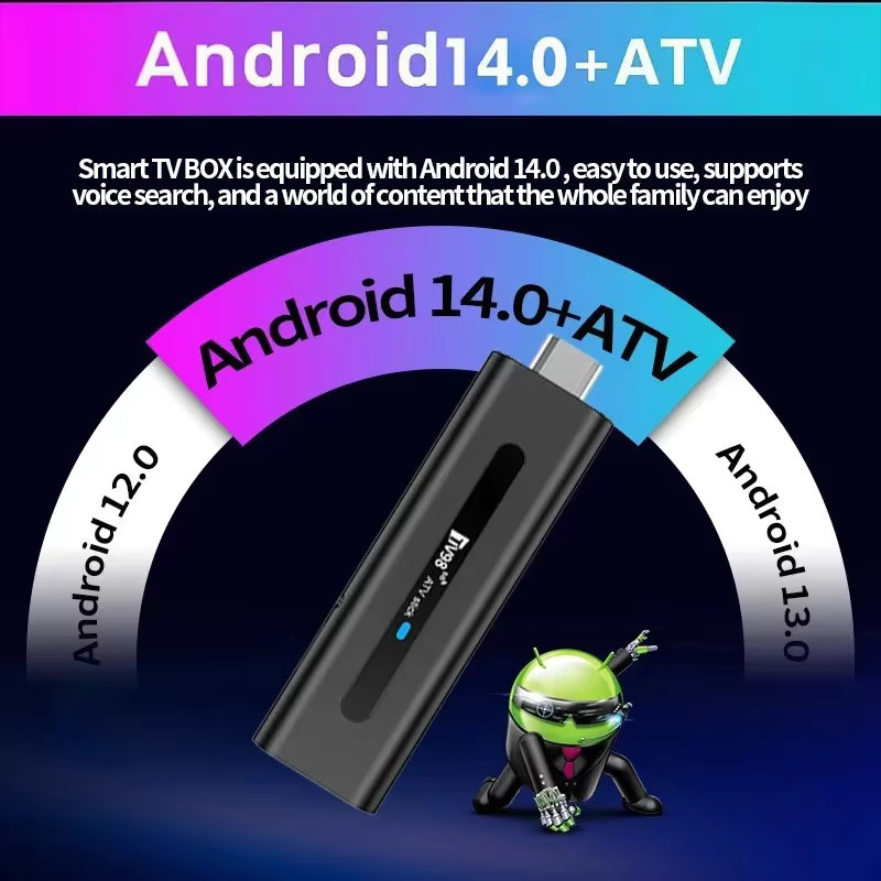 TV98 ATV Stick Android 14 mit Allwinner H313 Quad Core, 8GB RAM, 128GB Speicher, Dual WLAN 4G/5G, Bluetooth 5.0 und Sprachfernbedienung, HD 8K 4K @60fps, Schwarz - Bild 2