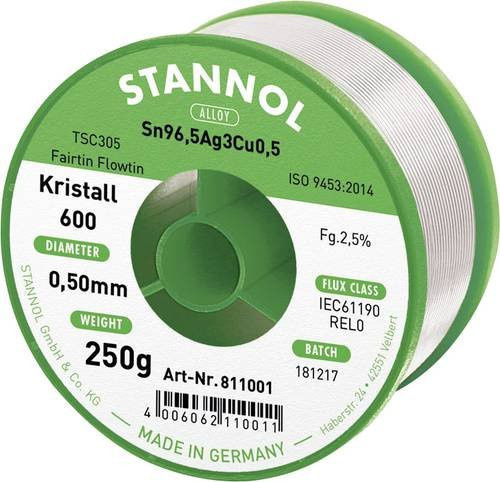 Stannol Kristall 600 Fairtin Lötzinn bleifrei Sn96,5Ag3Cu0,5 Silber Durchmesser: 0,5 mm Gewicht: 250 g - Bild 1