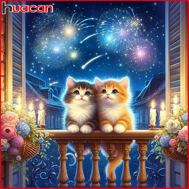 Huacan DIY Diamantmalerei Katze im Sternenhimmel als Mosaik-Tierlandschaft-Komplettset in Multicolour, B/H: 20 x 20 cm - Bild 1