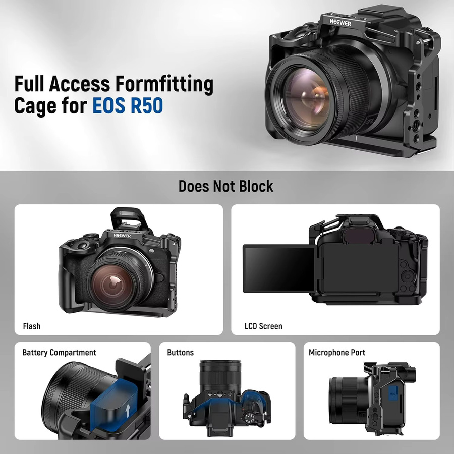 NEEWER R50 Kamerakäfig für Canon EOS R50, Aluminium Video-Rig mit NATO-Schiene, 1/4 Zoll Gewinde und 3/8 Zoll ARRI-Löchern, Schwarz - Bild 5