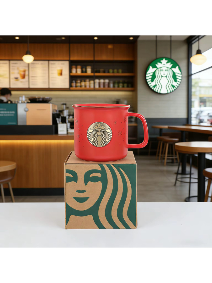 Starbucks Limited Christmas Keramikbecher in Rot mit Schneeflockenmuster und Bronzeabzeichen - Bild 7