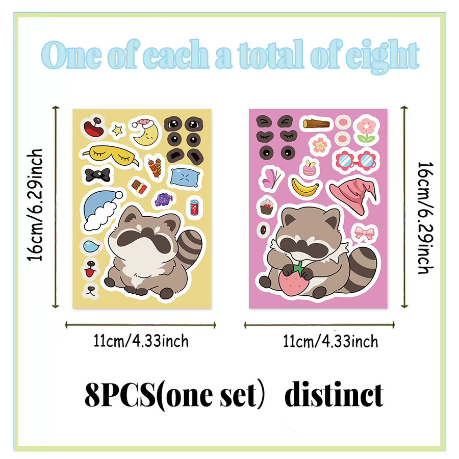 8er Set Cartoon Waschbär Puzzle Aufkleber zur DIY Dekoration für Mobile und Tablet, Mehrfarbig - Bild 2