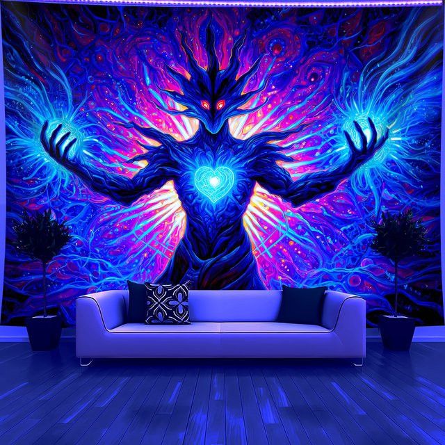 VIKAMA Fantasy Heartlight Creature Wandteppich mit blauem Herz und roten Augen zur Wanddekoration - Bild 1