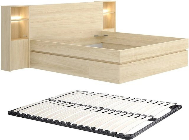 Vente-unique Bettrahmen Laronia in Beige mit USB-Ladeport, Nachttischen und Schubladen, B/T/H: 160 x 200 x 228,3 cm - Bild 1