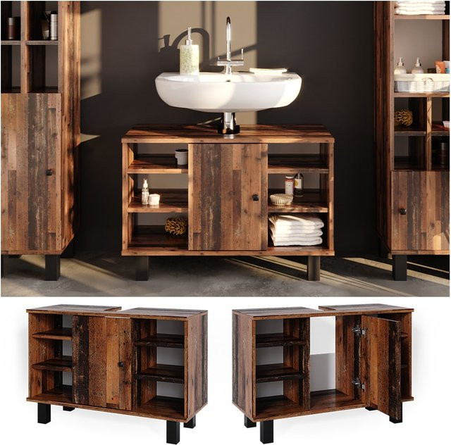 Vicco Waschtischunterschrank Fynn Old Style Badschrank Eiche Rustikal Braun B: 80 cm, T: 54 cm, H: 32 cm - Bild 1
