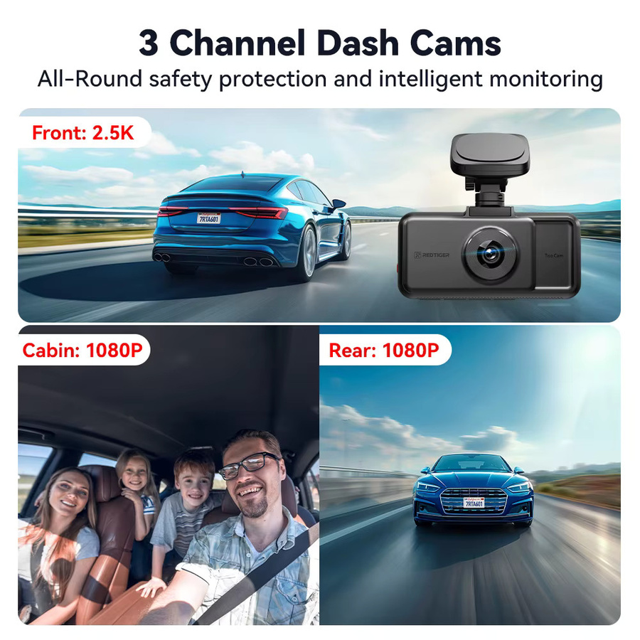 REDTIGER A6 3-Kamera-System Dashcam in Schwarz mit 4K UHD, integriertem 5,8GHz WLAN und GPS für Front-, Innen- und Heckaufnahme inklusive Nachtsicht und Parküberwachung - Bild 2