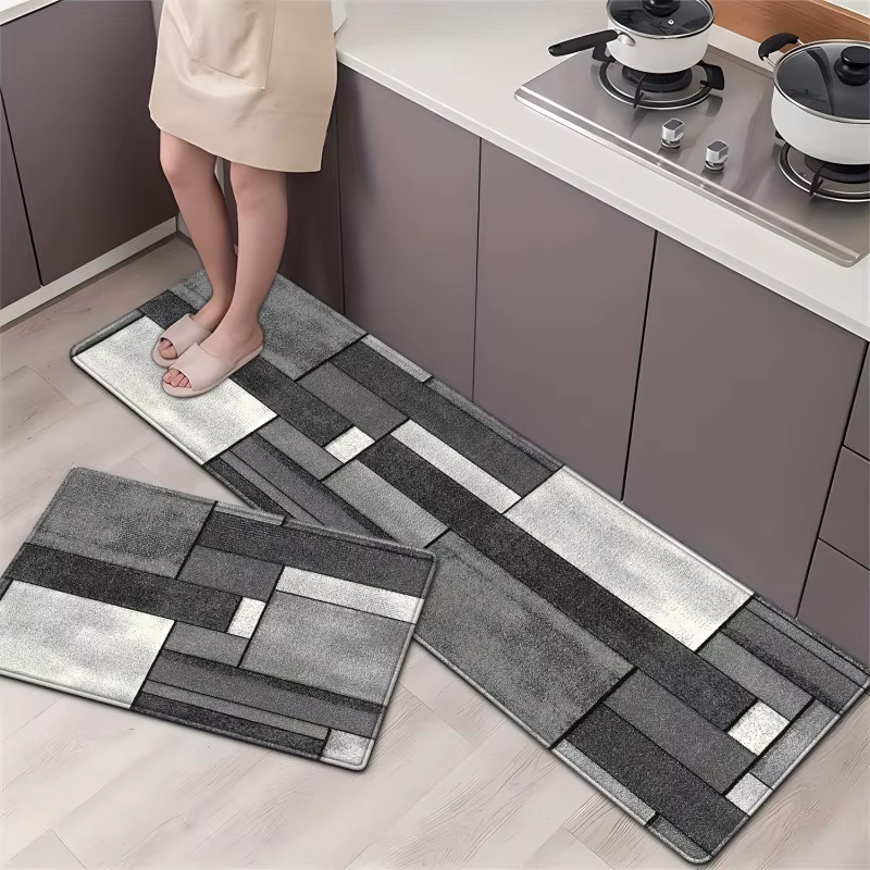 VIKAMA 2er-Set Küchenteppiche mit geometrischem Design in Schwarz-Weiß-Grau, rutschfest und saugfähig - Bild 5