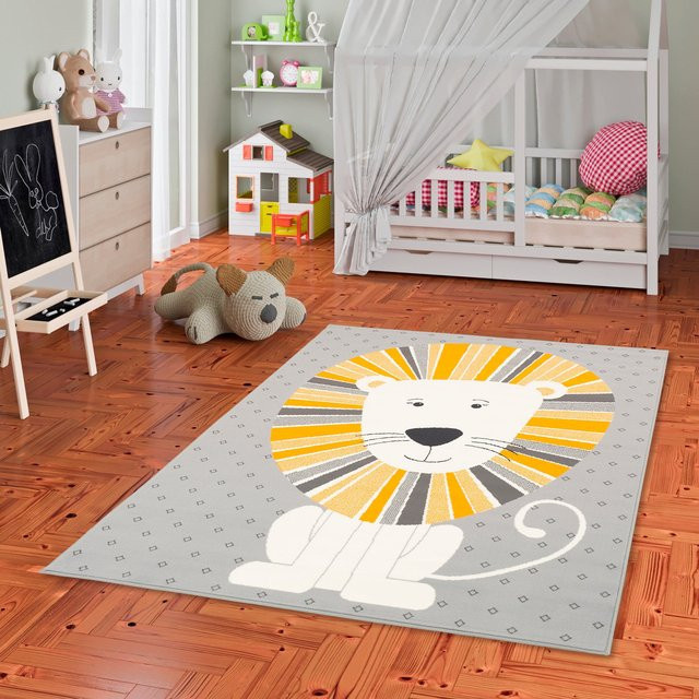 Pergamon Kinderteppich Trendline Löwe in Grau und Gelb, pflegeleichter Webteppich für das Kinderzimmer - Bild 1