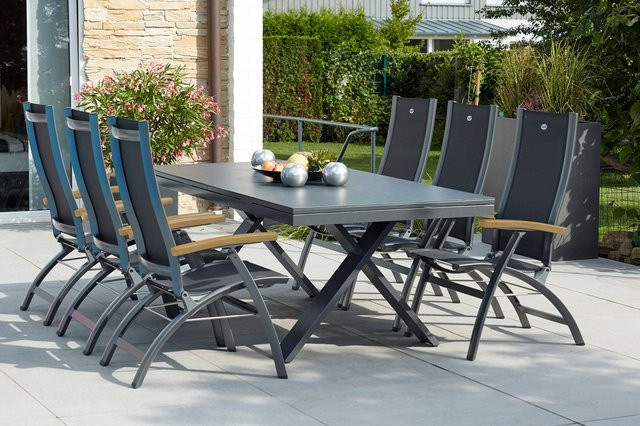 Hartman Garten-Essgruppe Xanadu / Primo in xerix/natur mit 6 Klappstühlen, aus Alu, Teak und Glaskeramik, Tisch erweiterbar, B/T/H: 220 x 100 cm bis 280 x 100 cm - Bild 1