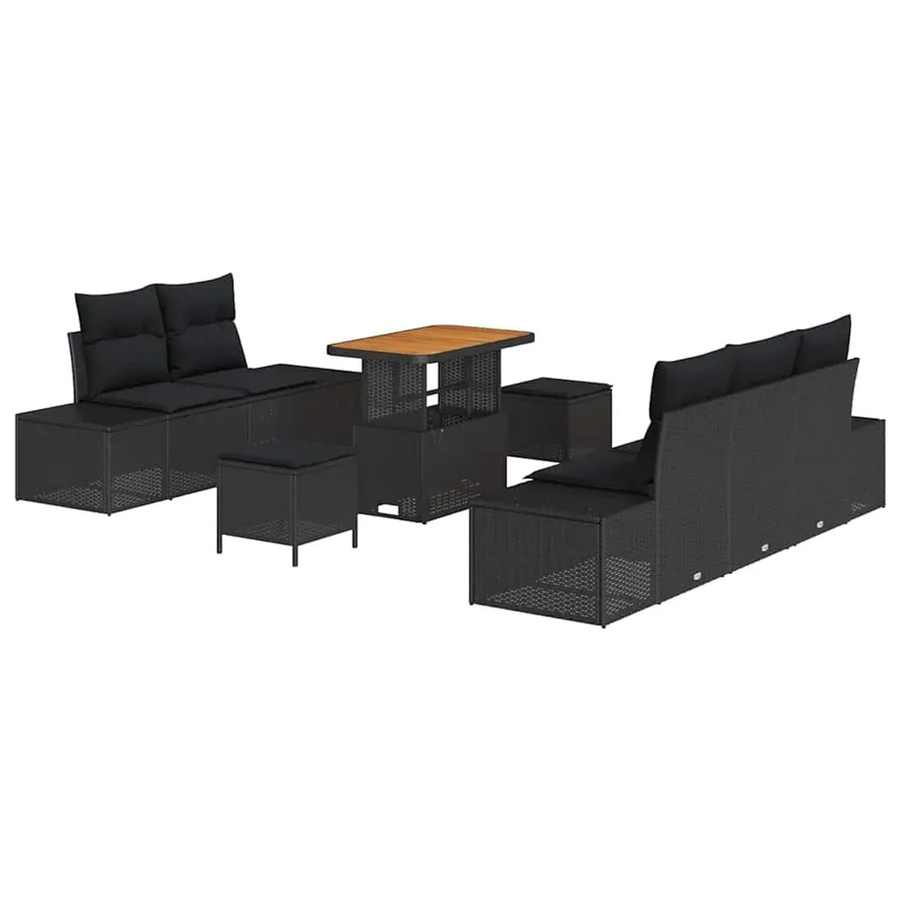 vidaXL Garten-Sofa-Set aus Poly-Rattan und Akazienholz in Schwarz mit 8 Teilen und Kissen - Bild 2